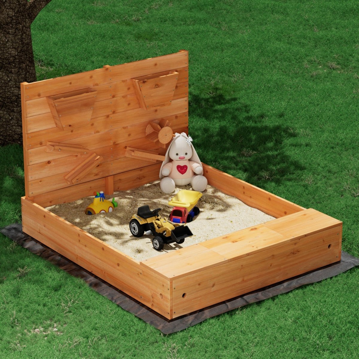 Keezi Kids Sandpit Wooden Sandbox Sand Pit with Cover Funnel Outdoor Toys 120cm - Outdoorium