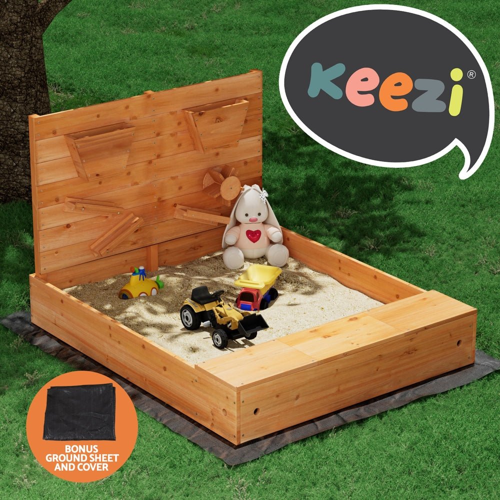 Keezi Kids Sandpit Wooden Sandbox Sand Pit with Cover Funnel Outdoor Toys 120cm - Outdoorium