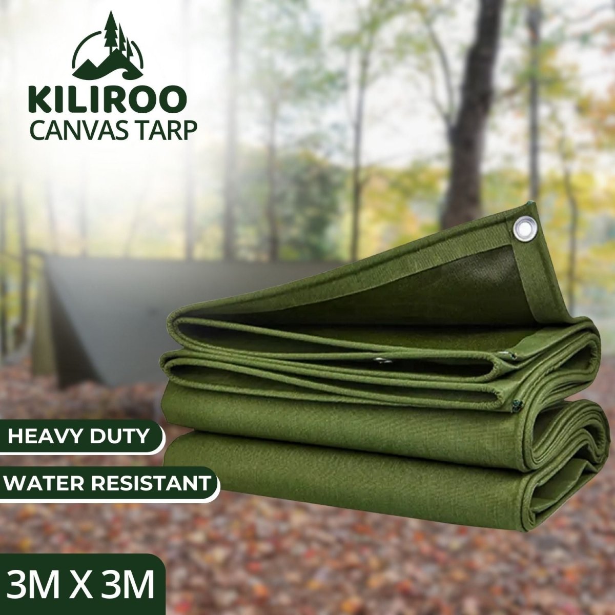 KILIROO 3X3m Heavy Duty Waterproof Sun Blocked Dustproof Canvas Tarp Army Green - Outdoorium