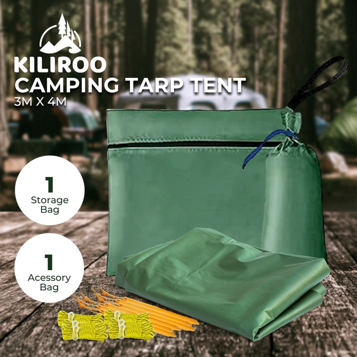 KILIROO 3X4m Large Waterproof Camping Tarp Tent (Forest Green) - Outdoorium