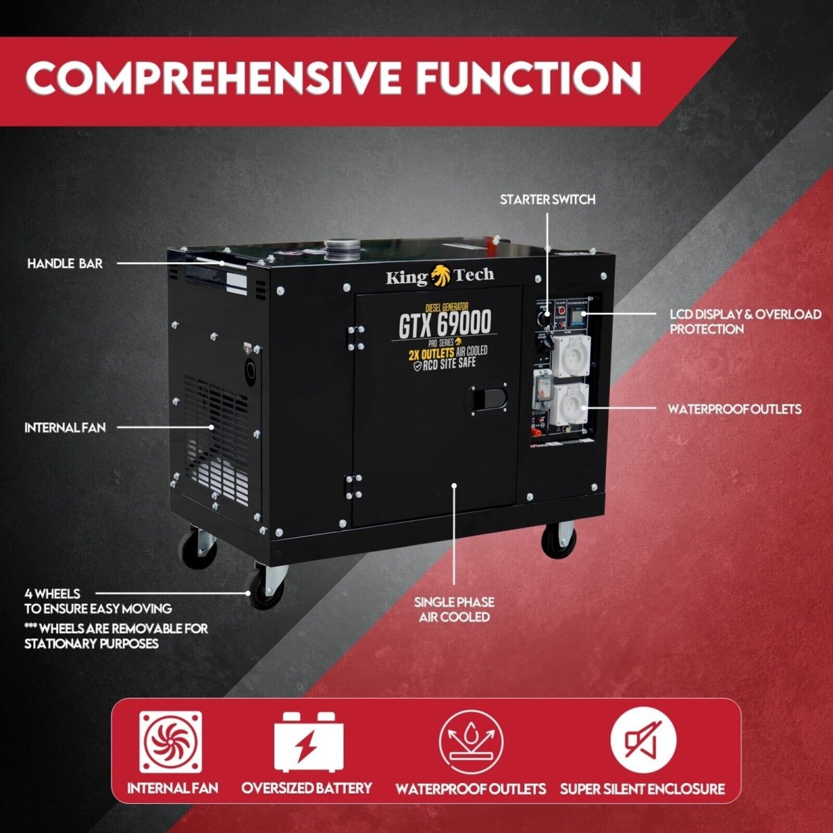 KINGTECH 8.4kW Max 6kW Rated Diesel Generator Single Phase - Outdoorium