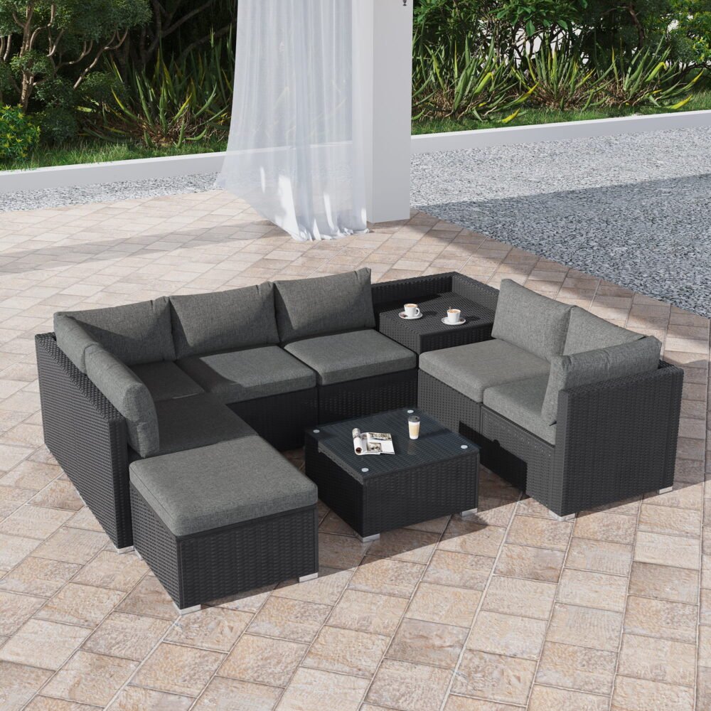 Large Modular Outdoor Ottoman Lounge Set in Black | Outdoorium