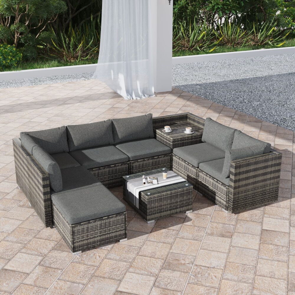 Large Modular Outdoor Ottoman Lounge Set in Grey | Outdoorium