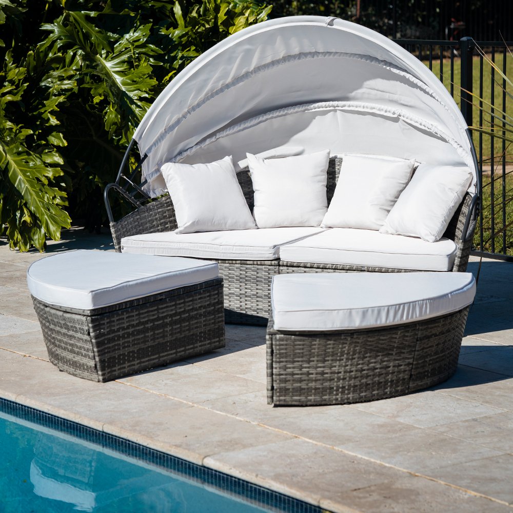 LONDON RATTAN 3PC Outdoor Daybed Patio Rattan Sofa Sun Lounge Furniture Grey Wicker Off White Canopy - Outdoorium