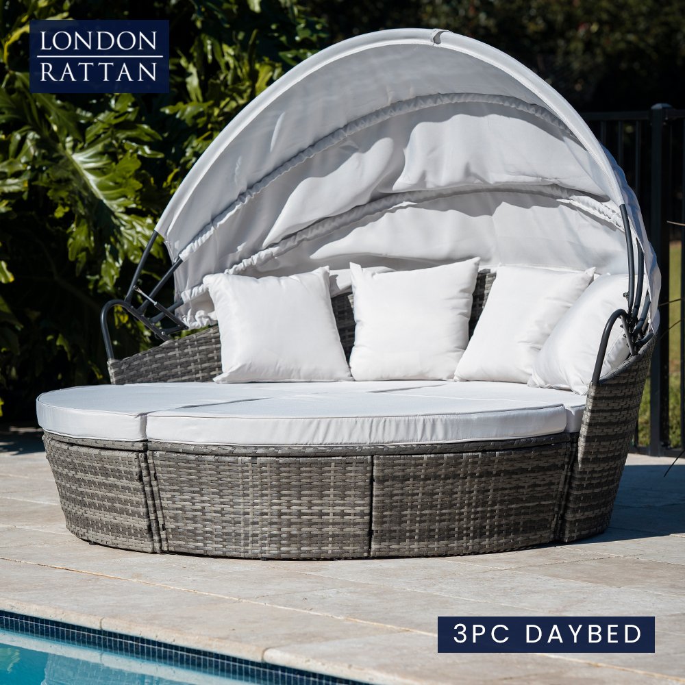 LONDON RATTAN 3PC Outdoor Daybed Patio Rattan Sofa Sun Lounge Furniture Grey Wicker Off White Canopy - Outdoorium