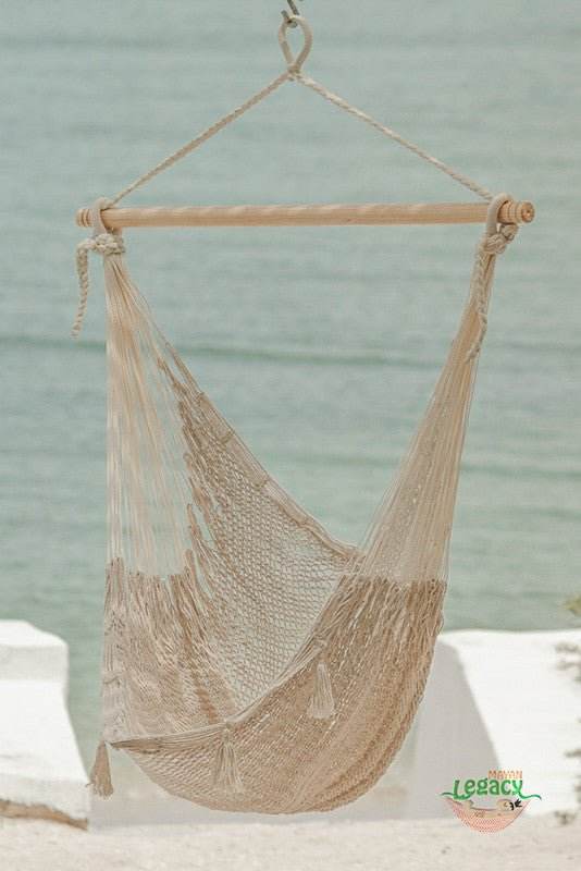 Mayan Legacy Extra Large Outdoor Cotton Mexican Hammock Chair in Cream Colour - Outdoorium