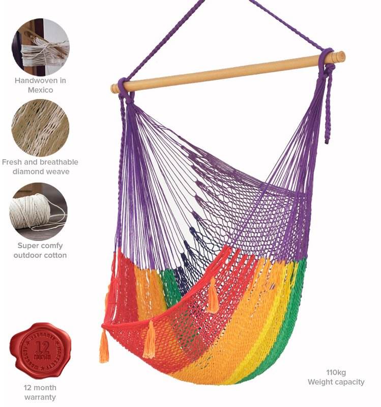 Mayan Legacy Extra Large Outdoor Cotton Mexican Hammock Chair in Rainbow Colour | Outdoorium