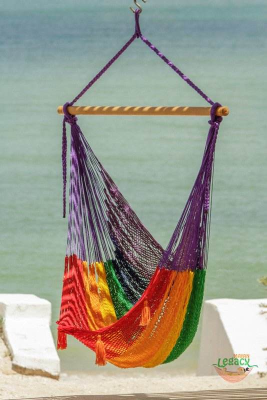 Mayan Legacy Extra Large Outdoor Cotton Mexican Hammock Chair in Rainbow Colour | Outdoorium