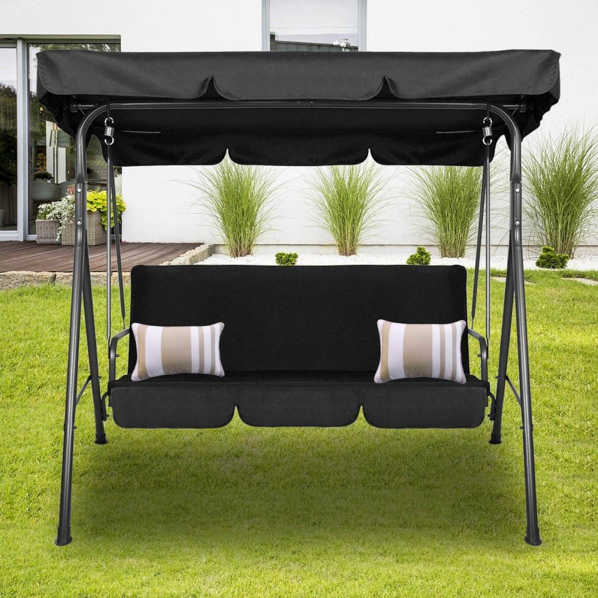 Milano Outdoor Swing Bench Seat Chair Canopy Furniture 3 Seater Garden Hammock - Black - Outdoorium