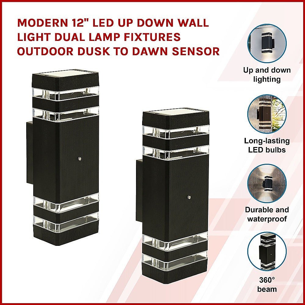 Modern 12" LED Up Down Wall Light dual Lamp Fixtures Outdoor Dusk to Dawn Sensor | Outdoorium