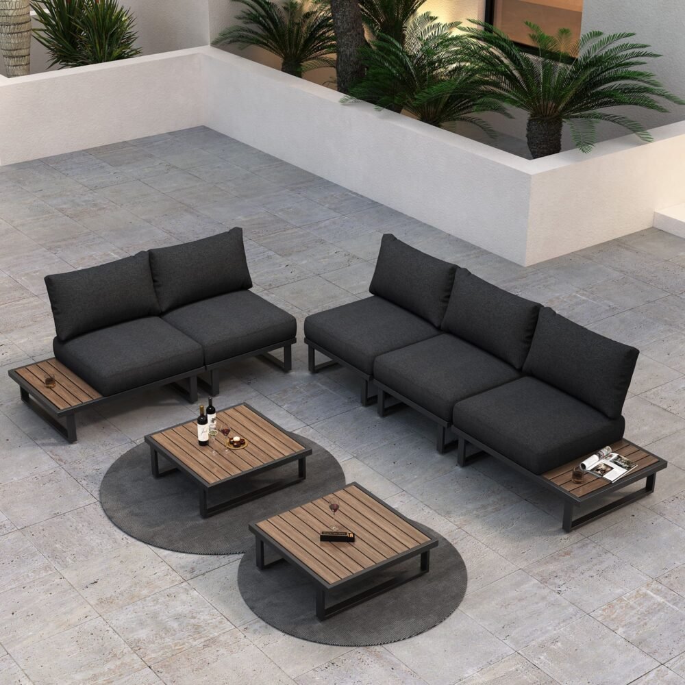 Modern Outdoor 7 Piece Lounge Set with Slatted Polywood Design Tables - Outdoorium