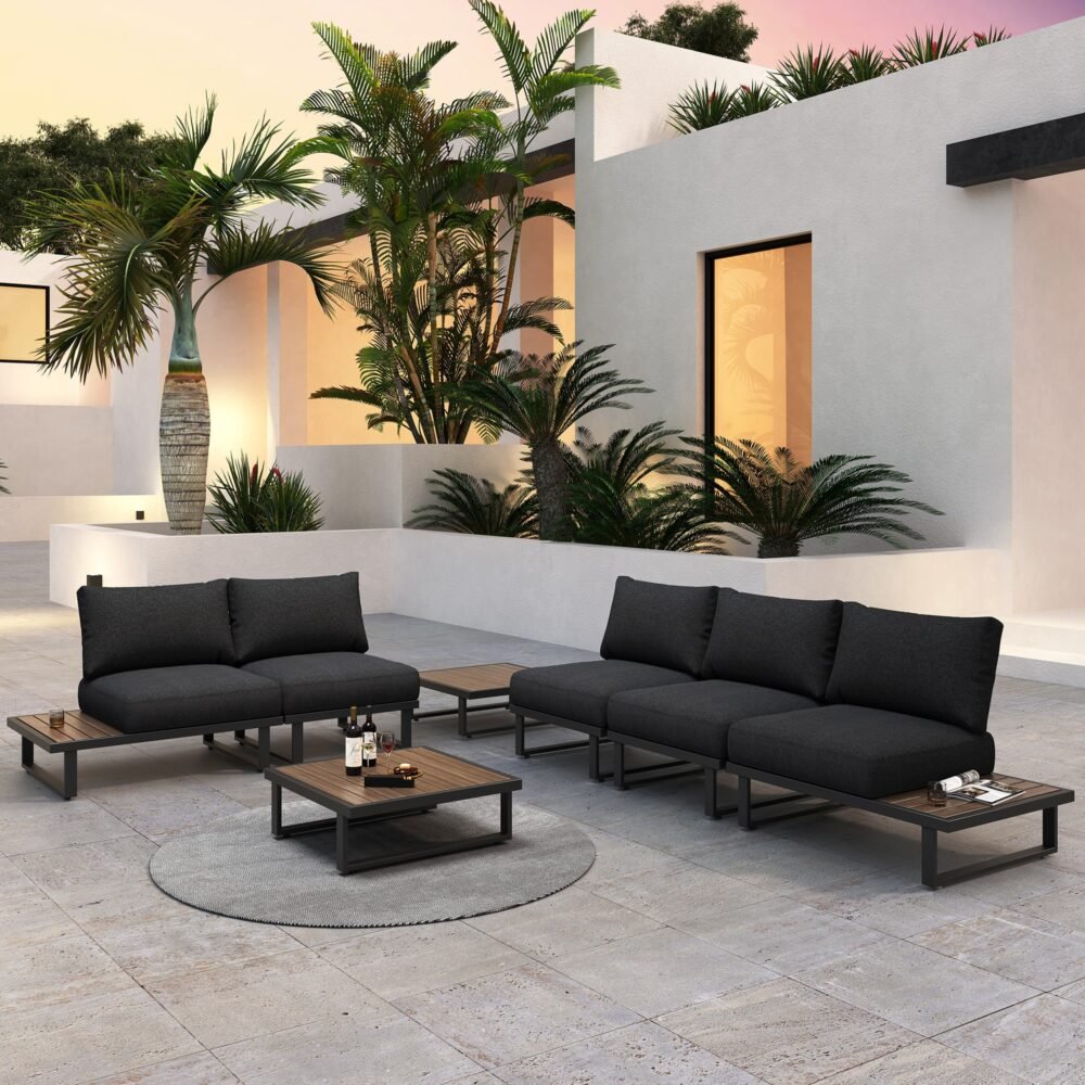 Modern Outdoor 7 Piece Lounge Set with Slatted Polywood Design Tables - Outdoorium