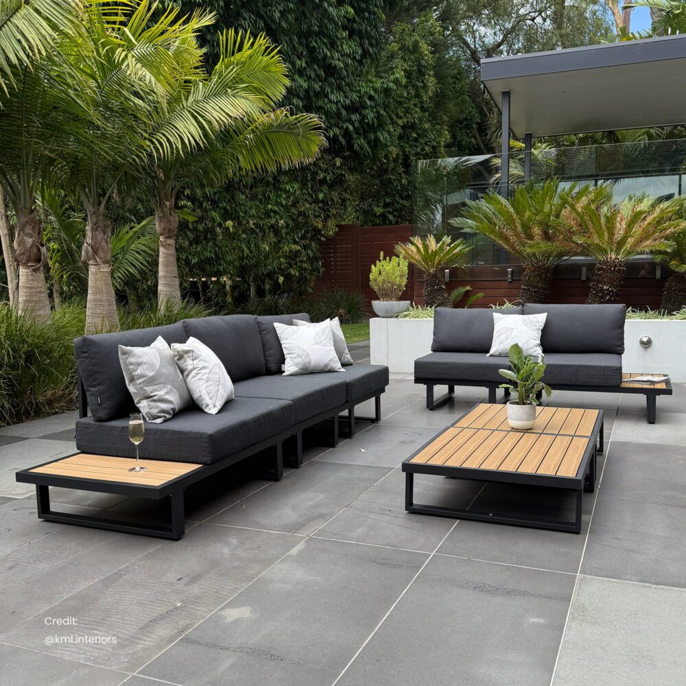 Modern Outdoor 7 Piece Lounge Set with Slatted Polywood Design Tables | Furniture > Outdoor