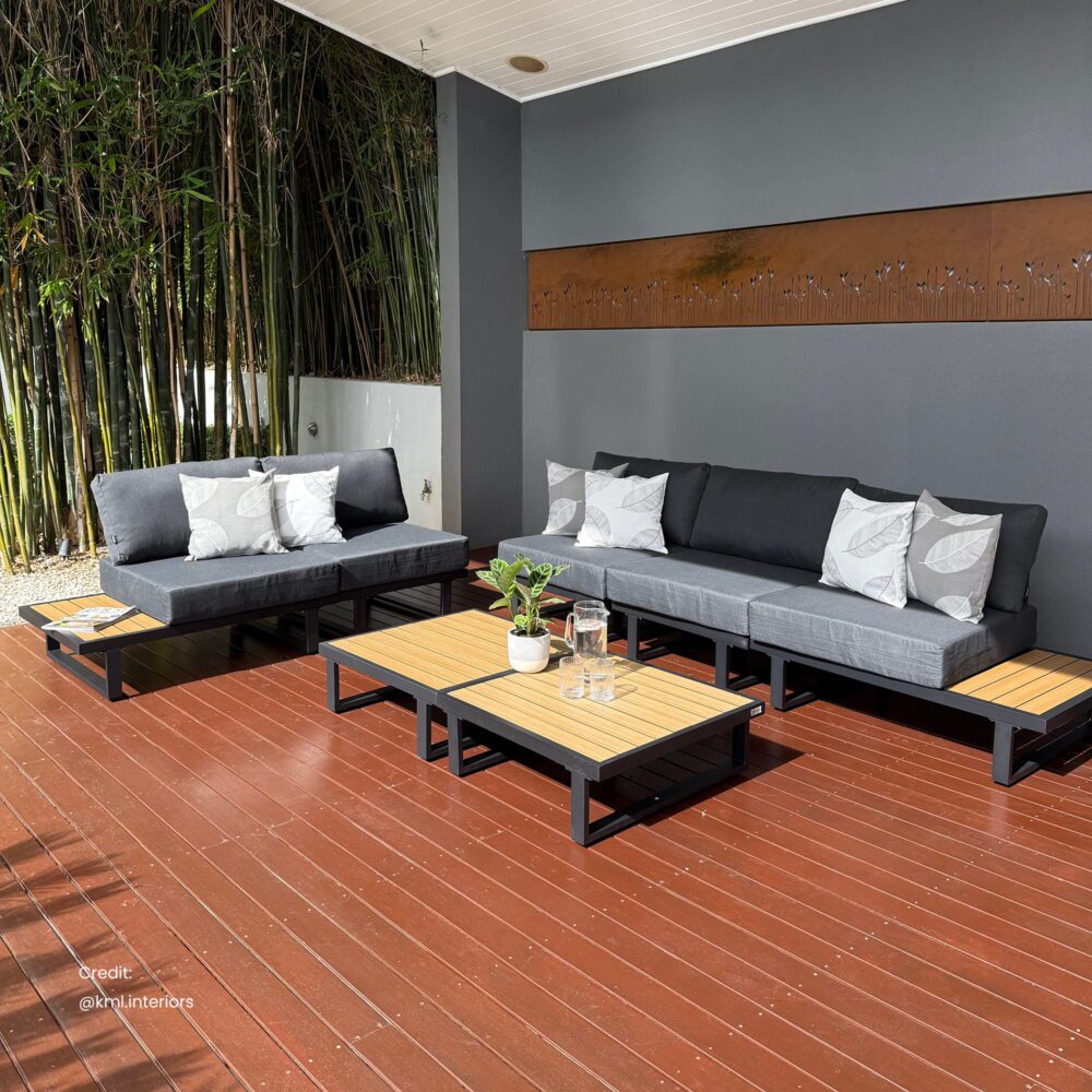 Modern Outdoor 7 Piece Lounge Set with Slatted Polywood Design Tables | Furniture > Outdoor