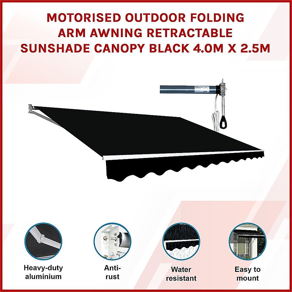 Motorised Outdoor Folding Arm Awning Retractable Sunshade Canopy Black 4.0m x 2.5m | Outdoorium