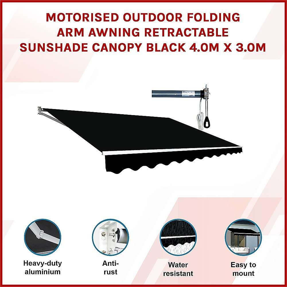 Motorised Outdoor Folding Arm Awning Retractable Sunshade Canopy Black 4.0m x 3.0m | Home & Garden > Shading > Awnings