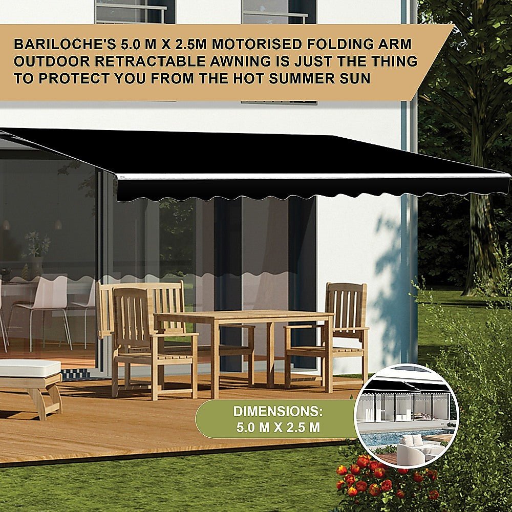 Motorised Outdoor Folding Arm Awning Retractable Sunshade Canopy Black 5.0m x 2.5m | Outdoorium