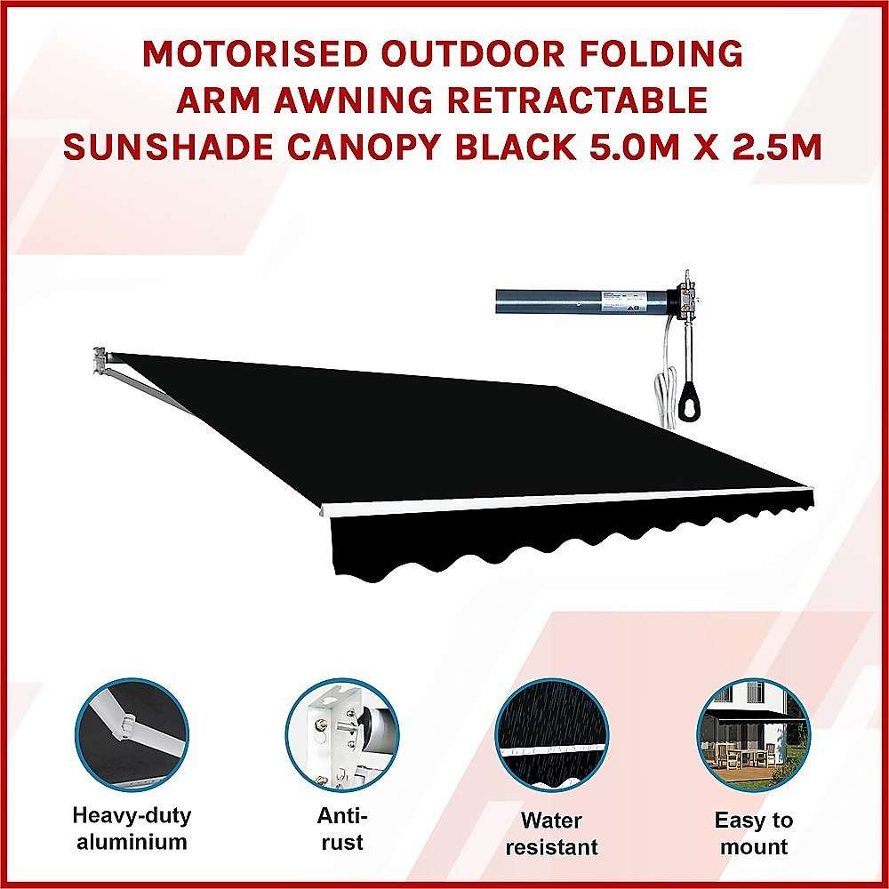 Motorised Outdoor Folding Arm Awning Retractable Sunshade Canopy Black 5.0m x 2.5m | Home & Garden > Shading > Awnings