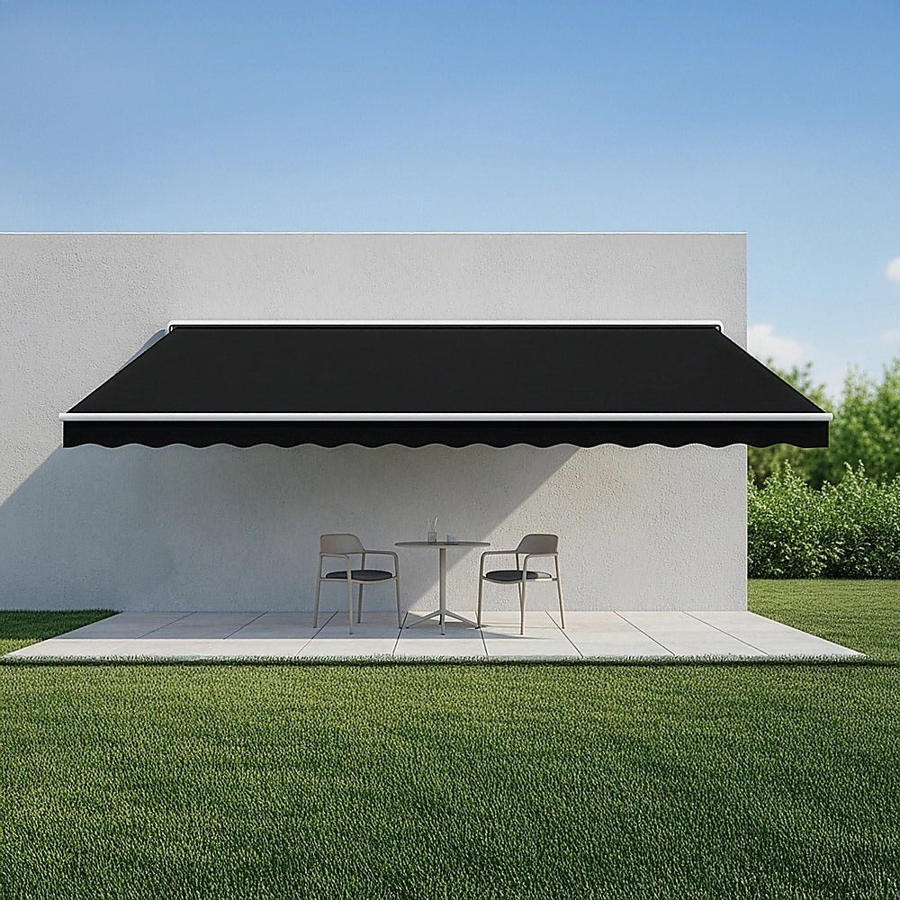 Motorised Outdoor Folding Arm Awning Retractable Sunshade Canopy Black 5.0m x 3.0m | Outdoorium