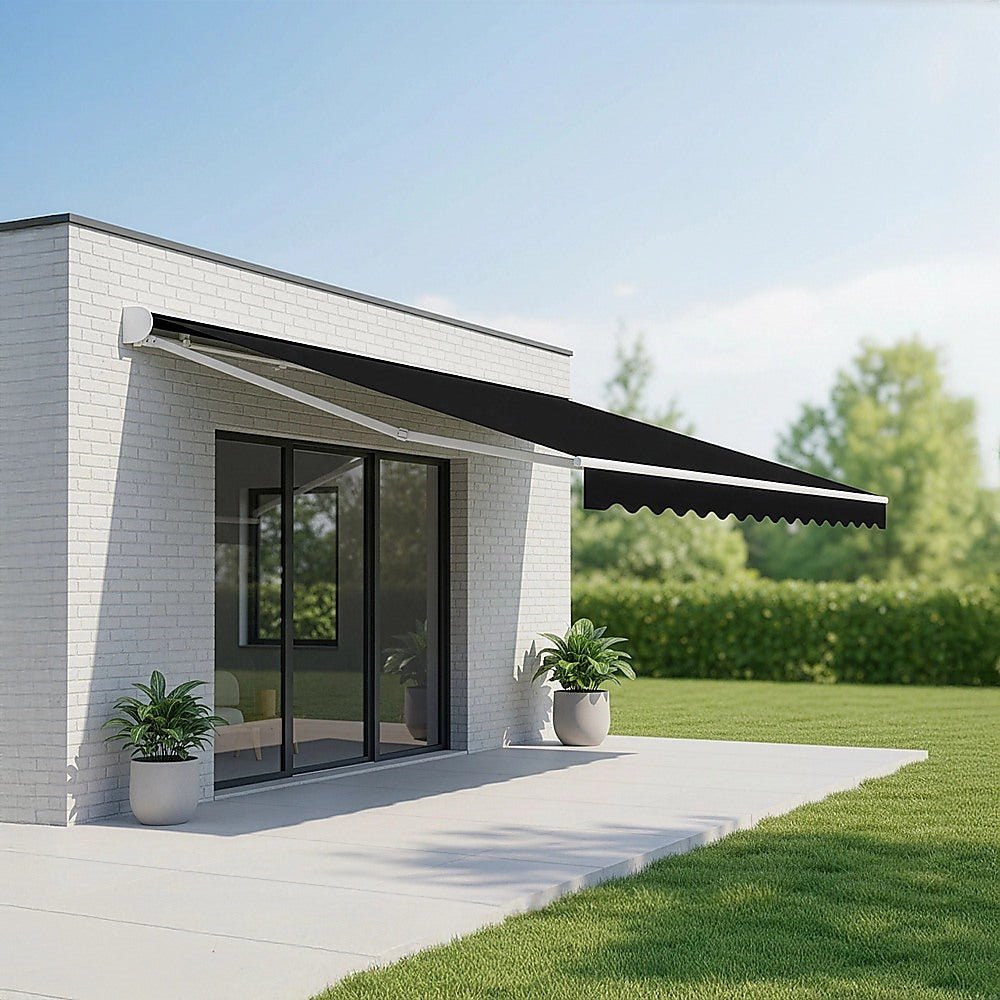 Motorised Outdoor Folding Arm Awning Retractable Sunshade Canopy Black 5.0m x 3.0m | Outdoorium