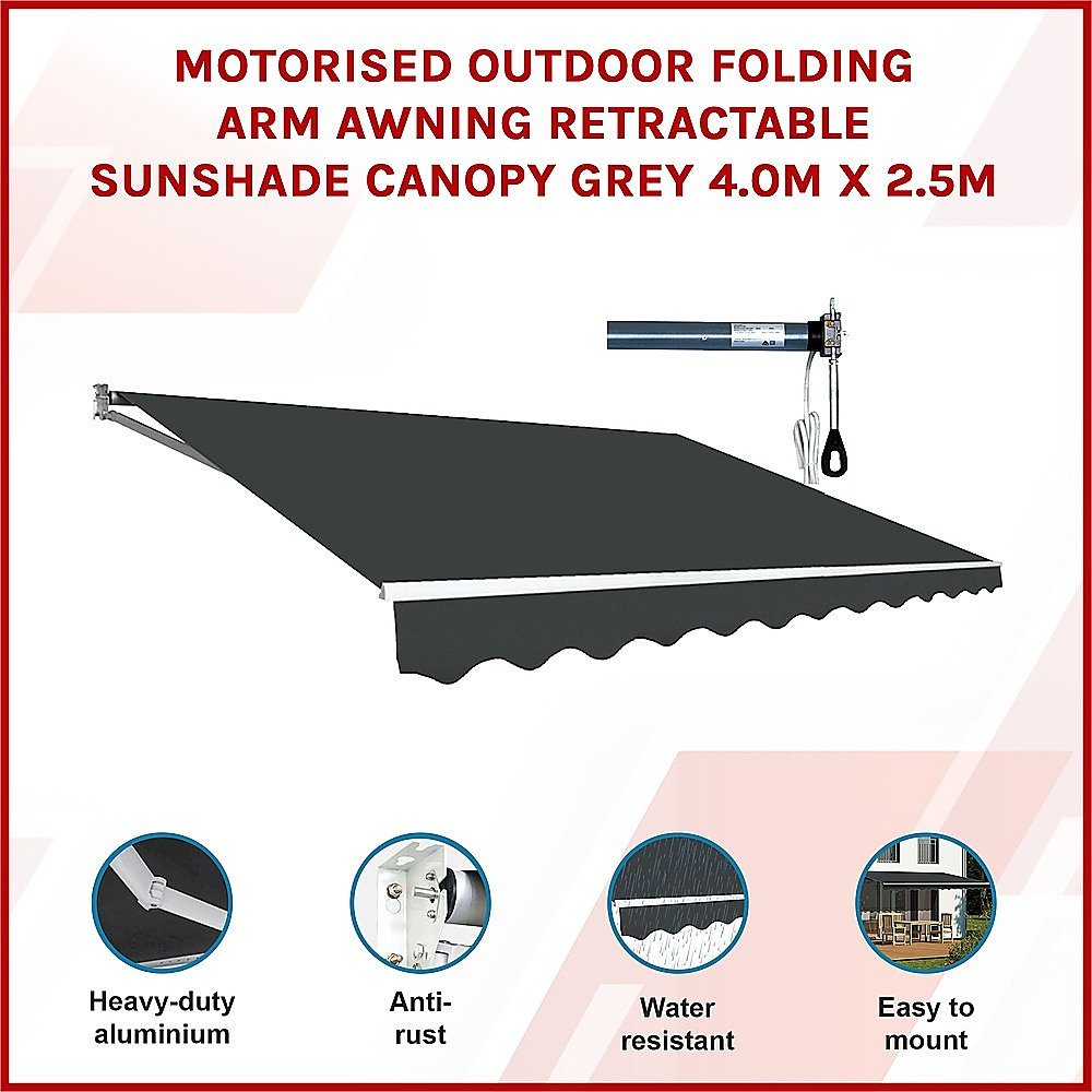 Motorised Outdoor Folding Arm Awning Retractable Sunshade Canopy Grey 4.0m x 2.5m | Outdoorium
