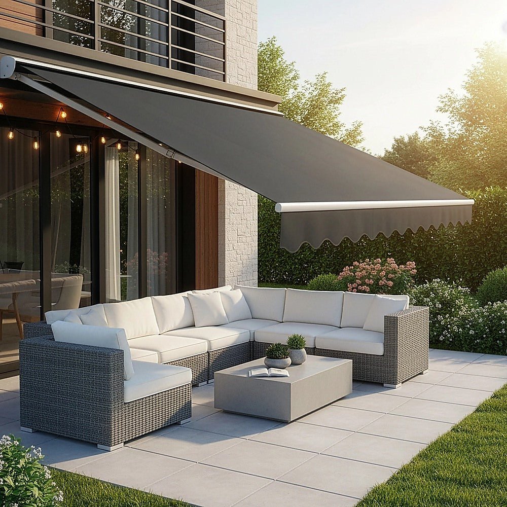 Motorised Outdoor Folding Arm Awning Retractable Sunshade Canopy Grey 4.0m x 3.0m | Outdoorium