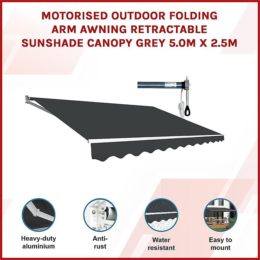 Motorised Outdoor Folding Arm Awning Retractable Sunshade Canopy Grey 5.0m x 2.5m | Outdoorium