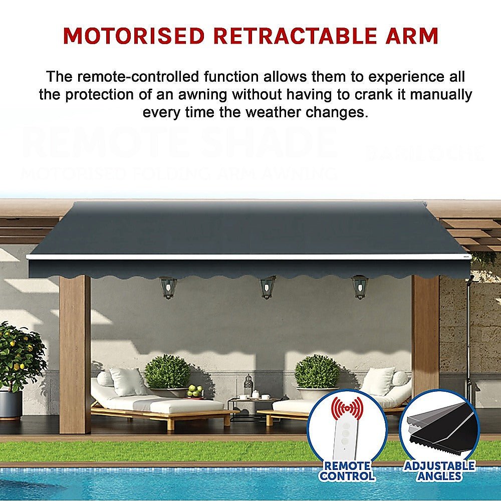 Motorised Outdoor Folding Arm Awning Retractable Sunshade Canopy Grey 5.0m x 3.0m | Outdoorium