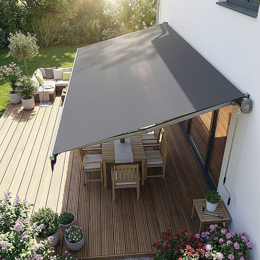 Motorised Outdoor Folding Arm Awning Retractable Sunshade Canopy Grey 5.0m x 3.0m | Outdoorium