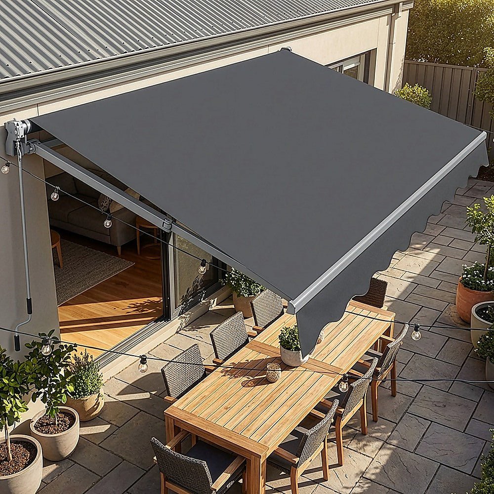 Motorised Outdoor Folding Arm Awning Retractable Sunshade Canopy Grey 5.0m x 3.0m | Outdoorium