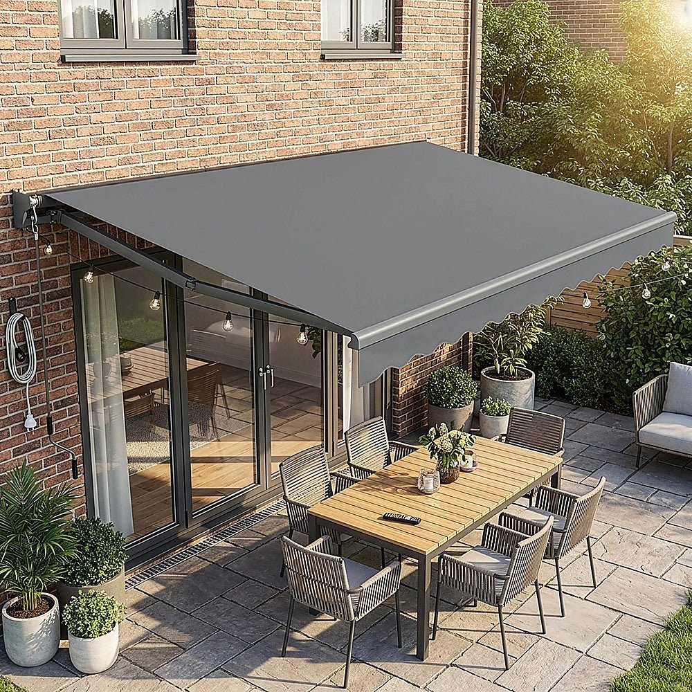 Motorised Outdoor Folding Arm Awning Retractable Sunshade Canopy Grey 5.0m x 3.0m | Outdoorium
