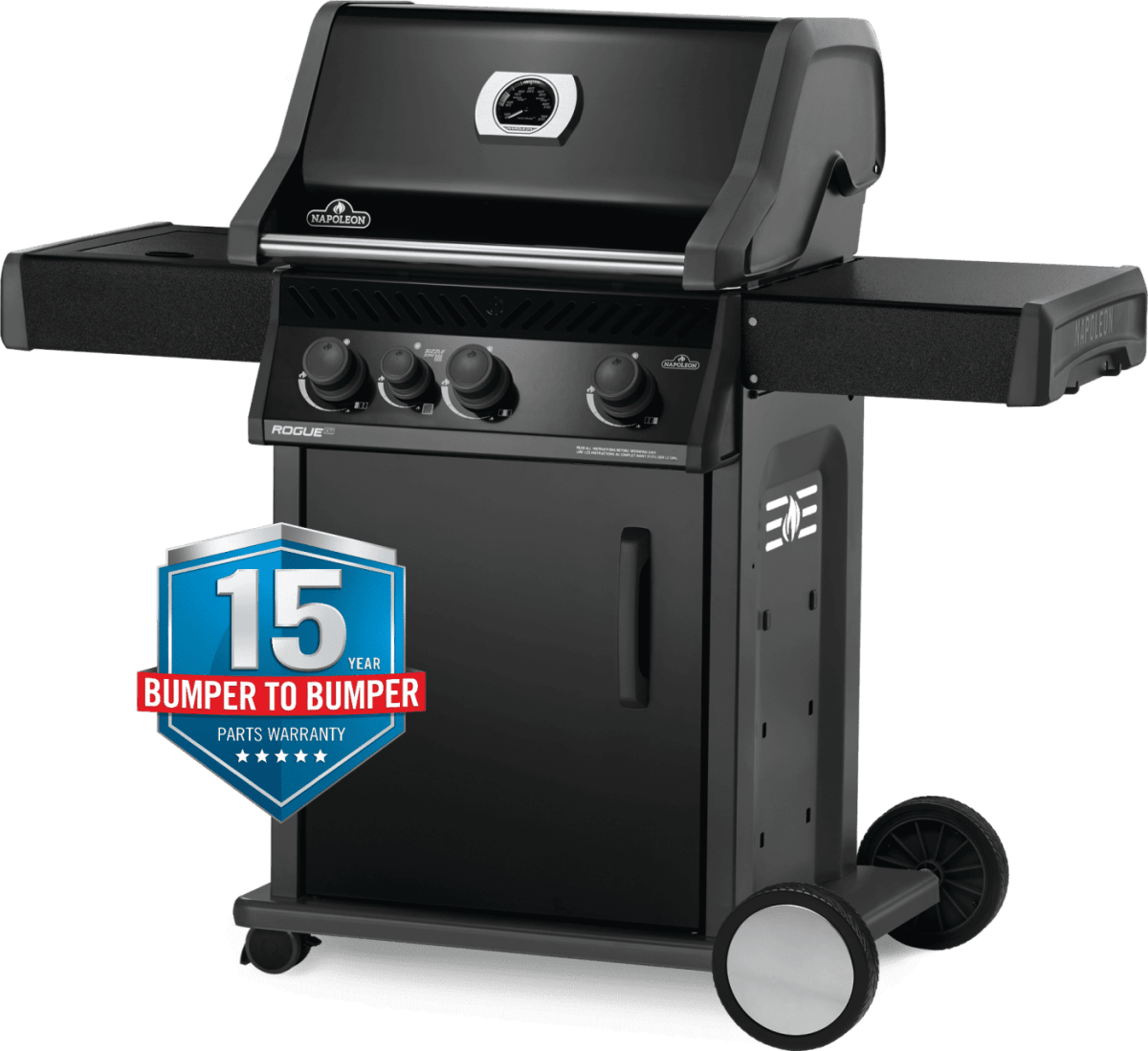 Napoleon Rogue XT 425 SB black gas grill with 15 year warranty badge