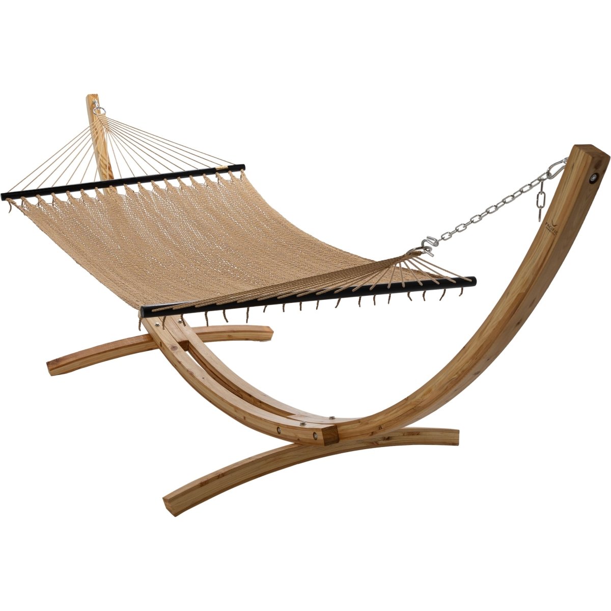 Natural Wooden Arc Hammock Stand &amp; Caribbean Polyester Rope Hammock - Outdoorium