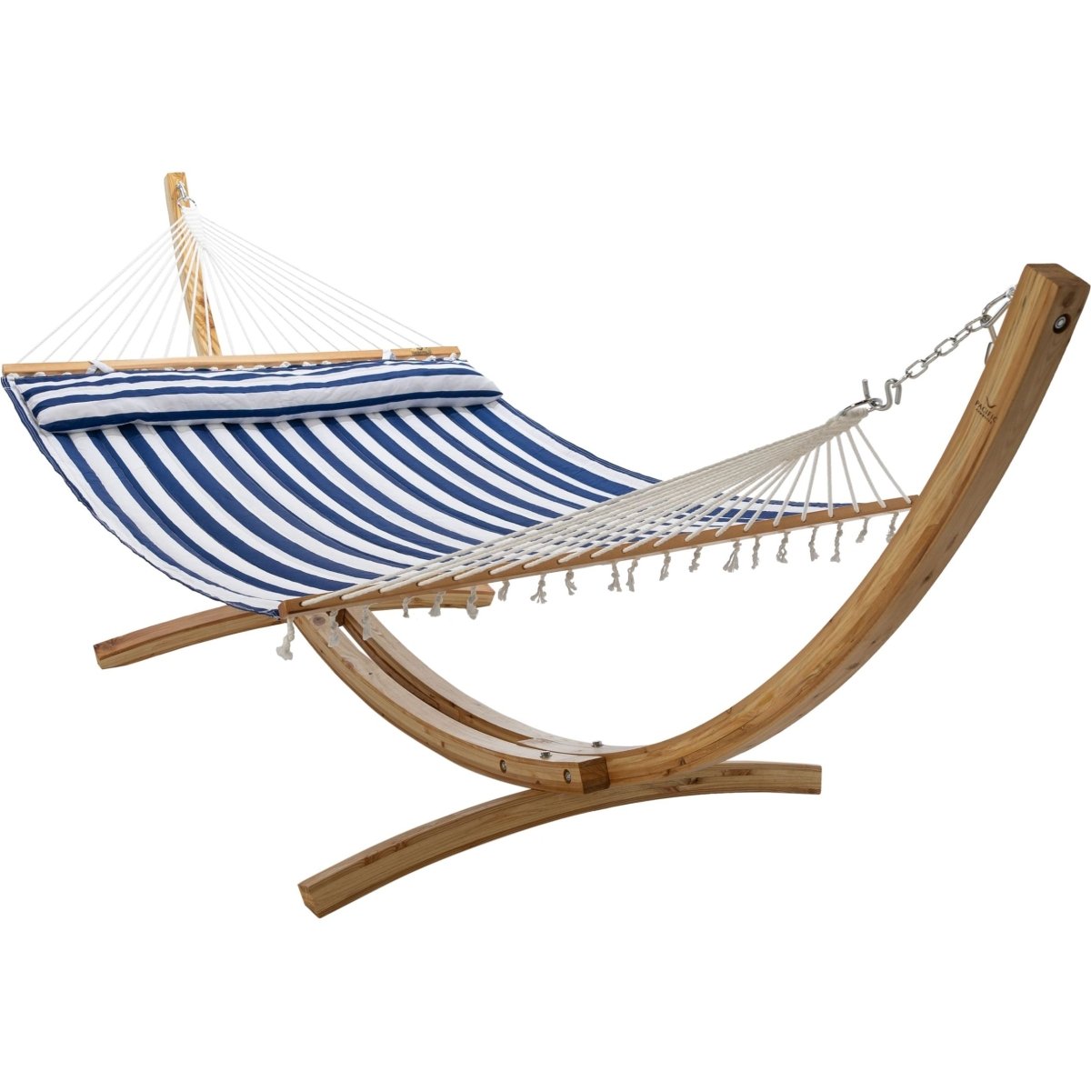 Natural Wooden Arc Hammock Stand &amp; King Quilted Hammock in Hamptons Stripe - Outdoorium