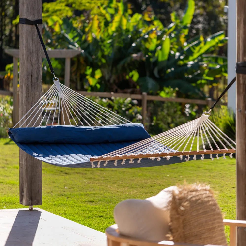 Natural Wooden Arc Hammock Stand & King Quilted Hammock in Navy Blue - Outdoorium