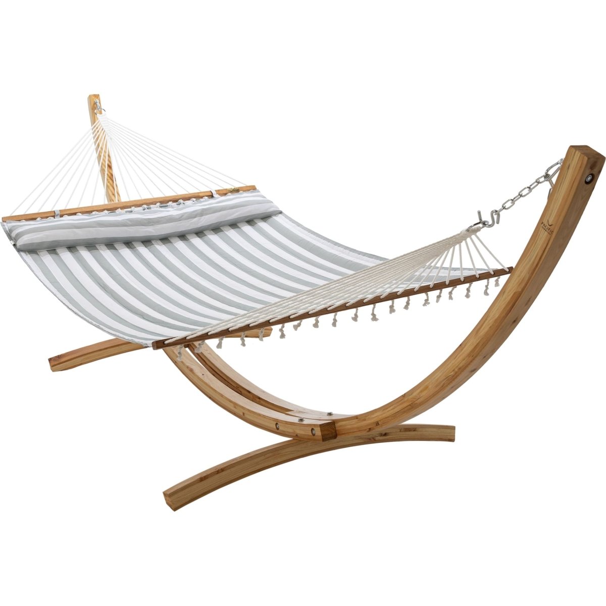 Natural Wooden Arc Hammock Stand &amp; King Quilted Hammock in Stone Stripe - Outdoorium