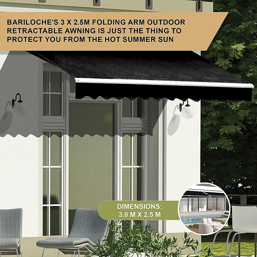 Outdoor Folding Arm Awning Retractable Sunshade Canopy Black 3.0m x 2.5m | Outdoorium