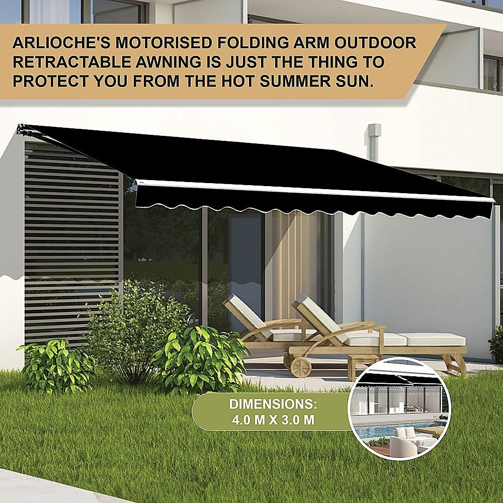 Outdoor Folding Arm Awning Retractable Sunshade Canopy Black 4.0m x 3.0m | Outdoorium