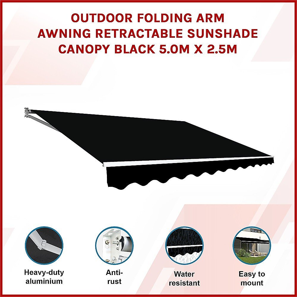 Outdoor Folding Arm Awning Retractable Sunshade Canopy Black 5.0m x 2.5m | Outdoorium