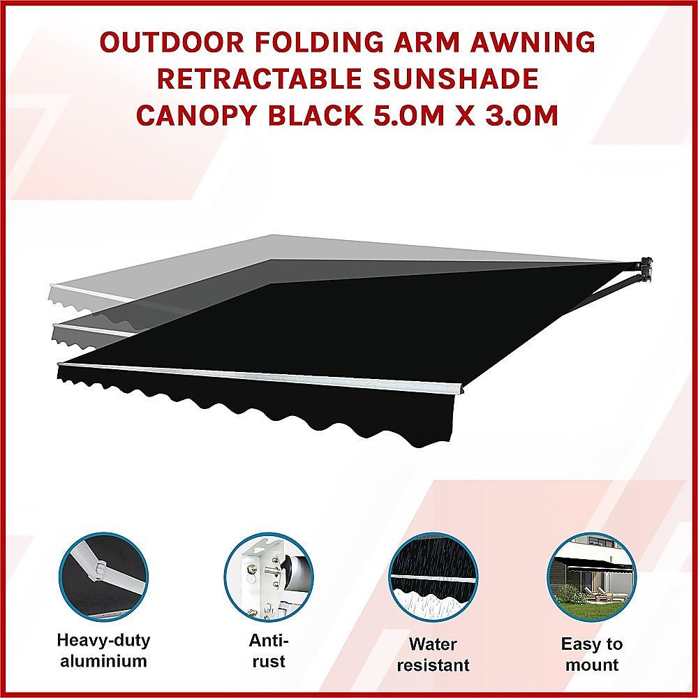 Outdoor Folding Arm Awning Retractable Sunshade Canopy Black 5.0m x 3.0m | Outdoorium