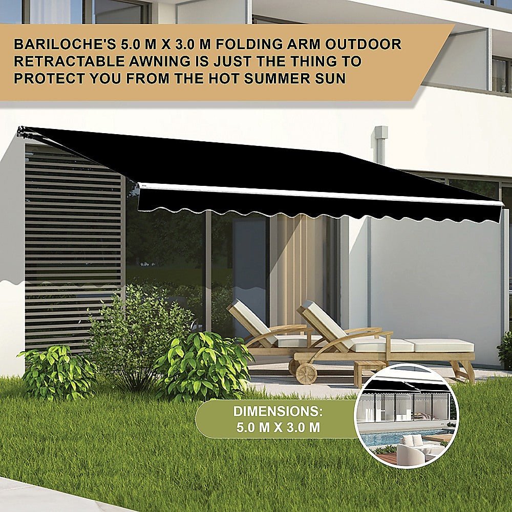 Outdoor Folding Arm Awning Retractable Sunshade Canopy Black 5.0m x 3.0m | Outdoorium