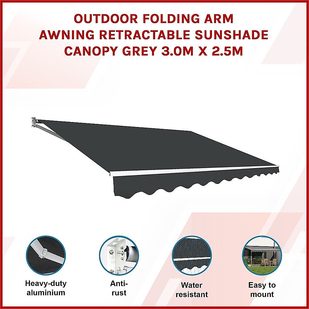 Outdoor Folding Arm Awning Retractable Sunshade Canopy Grey 3.0m x 2.5m | Outdoorium