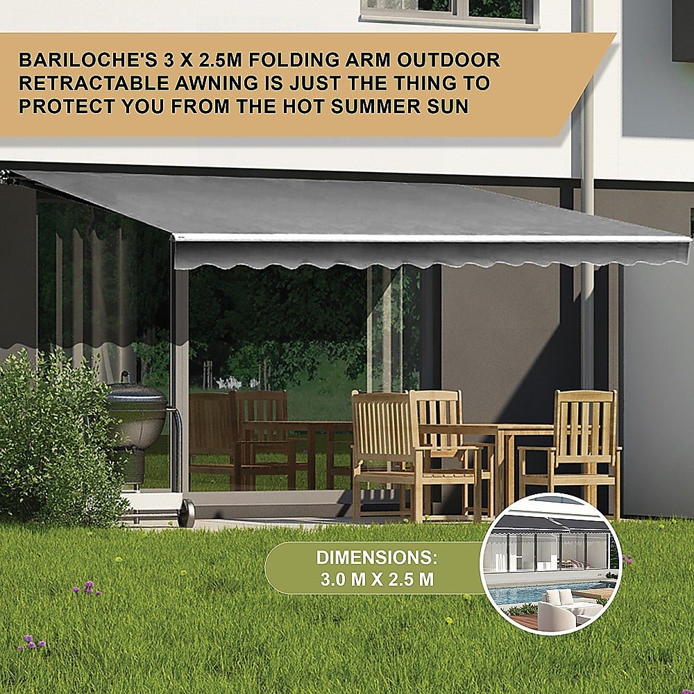 Outdoor Folding Arm Awning Retractable Sunshade Canopy Grey 3.0m x 2.5m | Outdoorium