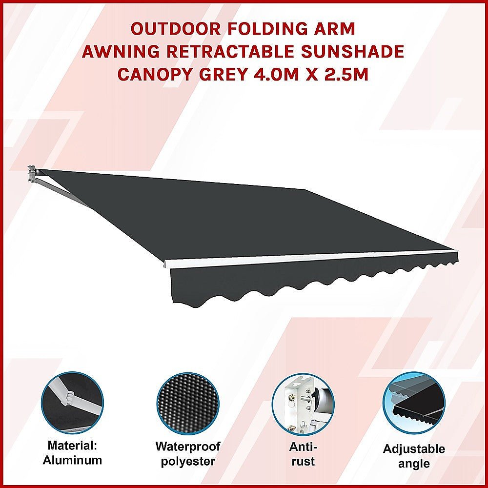 Outdoor Folding Arm Awning Retractable Sunshade Canopy Grey 4.0m x 2.5m - Outdoorium