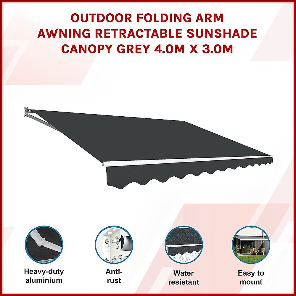 Outdoor Folding Arm Awning Retractable Sunshade Canopy Grey 4.0m x 3.0m - Outdoorium