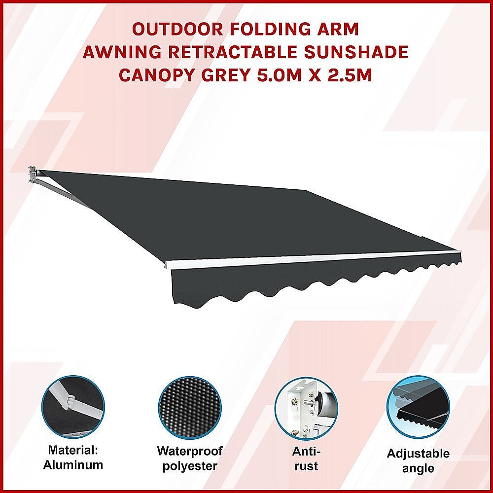 Outdoor Folding Arm Awning Retractable Sunshade Canopy Grey 5.0m x 2.5m - Outdoorium