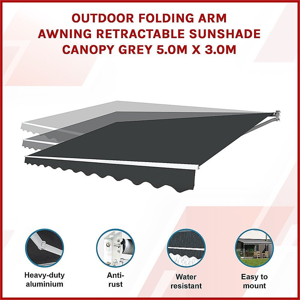 Outdoor Folding Arm Awning Retractable Sunshade Canopy Grey 5.0m x 3.0m - Outdoorium
