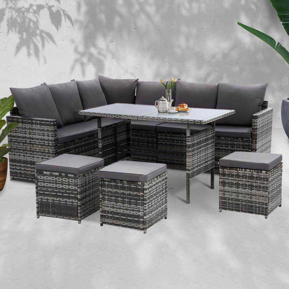 Outdoor Furniture Dining Setting Sofa Set Lounge Wicker 9 Seater Mixed Grey - View 8