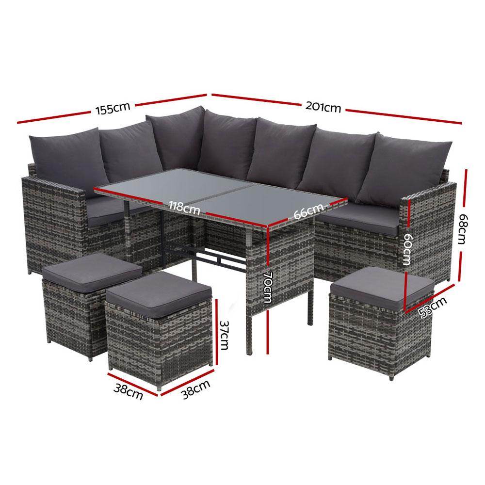 Outdoor Furniture Dining Setting Sofa Set Lounge Wicker 9 Seater Mixed Grey - View 2