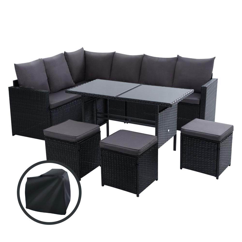 Gardeon Outdoor Dining Set Sofa Lounge Setting Chairs Table Ottoman Black Cover - View 1
